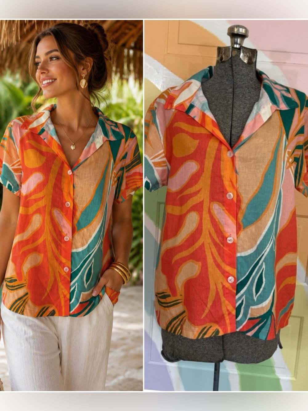 NWT Vitamin A Linen Blend Tropical Floral Breathable Button Up Blouse Sz S 💚🍄